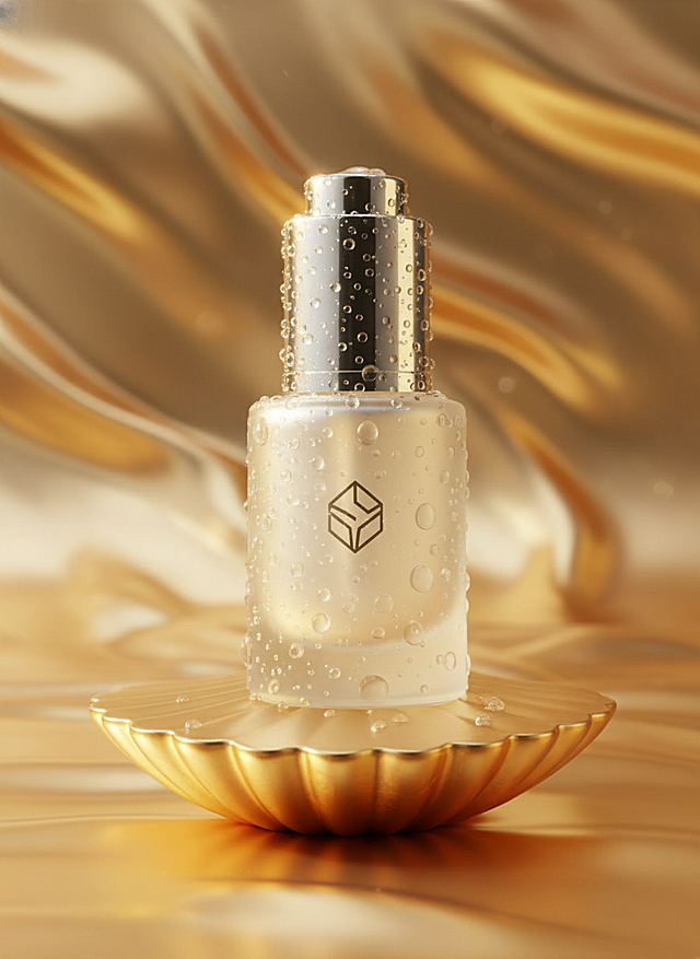 3D重拟物风，鎏金金属质感与奢华优雅融合，科技感瓶身点缀水珠，置于金色贝壳托盘，尽显高端护肤美学。