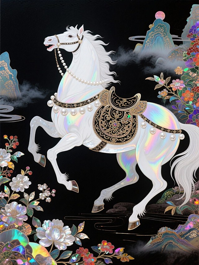 主体是白色骏马（装饰珍珠缰绳、华丽鞍具），背景含大量中国风花卉元素和山水，迷幻，意识流，黑色背景