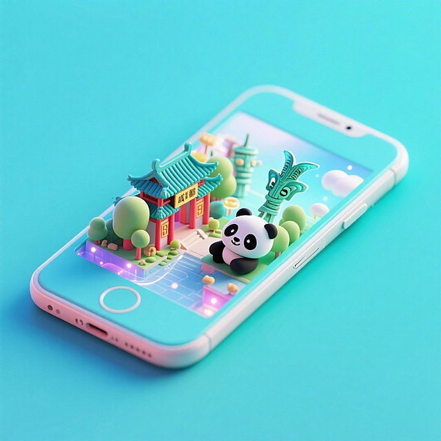 一个手机创意微缩场景，手机平放，侧面对着观众，手机俯视角度，立体的成都景观从屏幕内出来，有熊猫，三星堆，武侯祠，整体色调立体魔幻。青色背景。具有梦幻感,打光营造出柔和氛围强调梦幻和未来感的美学。