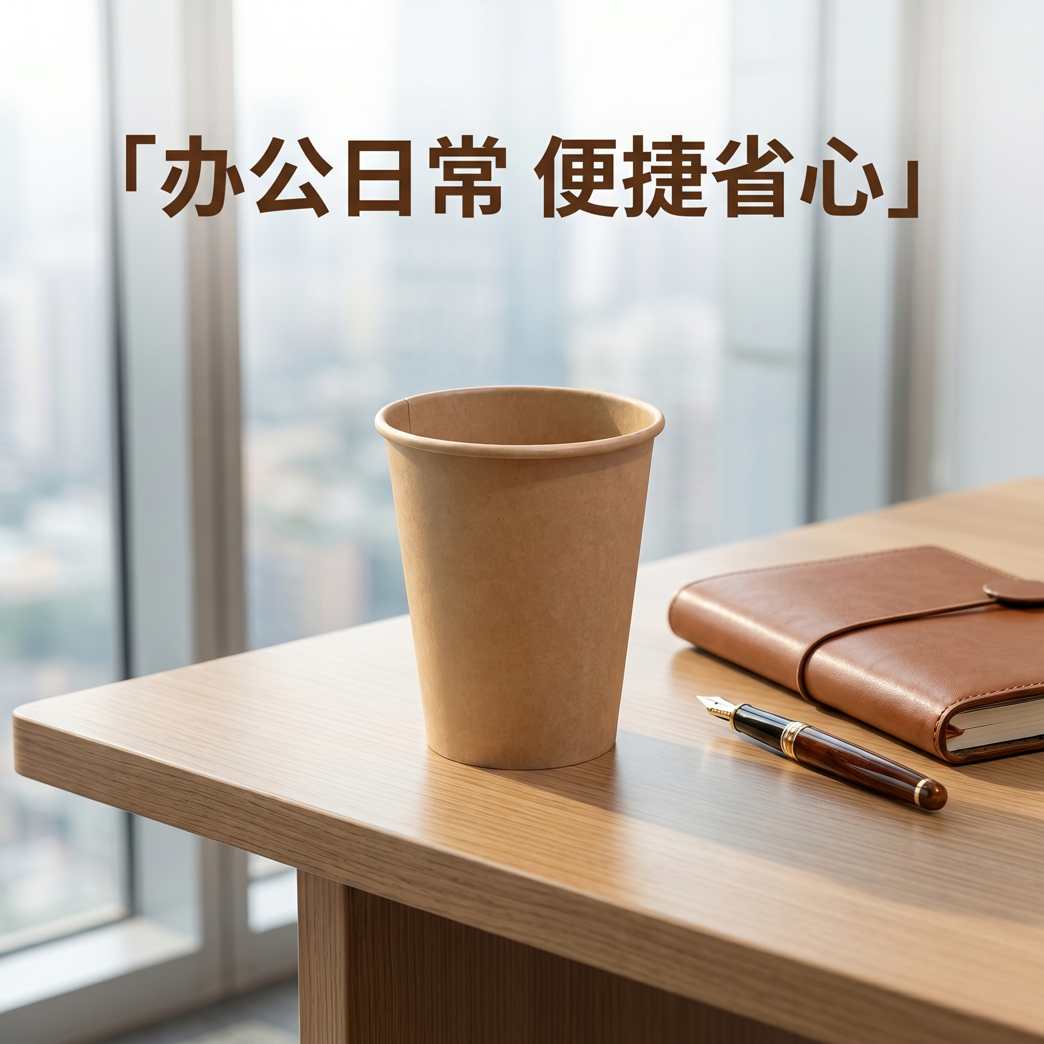办公场景使用的牛皮纸杯，1:1正方形，单牛皮纸杯放在办公桌面，… - 图片创意预览