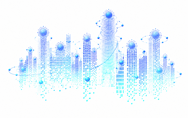 将参考图中的点阵城市天际线重绘为量子计算粒子云图案，保持蓝青渐变科技配色，由点阵粒子构成量子球体和粒子轨迹，白色背景，扁平化科技风格，矢量感