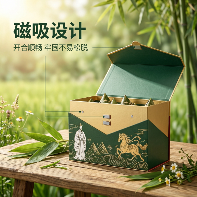 [主图 2] 核心卖点：磁吸设计细节展示
[氛围风格] 田园治愈风，自然清新，端午氛围
[画面元素] 商业摄影质感，光线柔和通透，产品清晰真实，画面干净高级。展示马年端午古风礼盒打开状态，突出磁吸盒盖预览效果