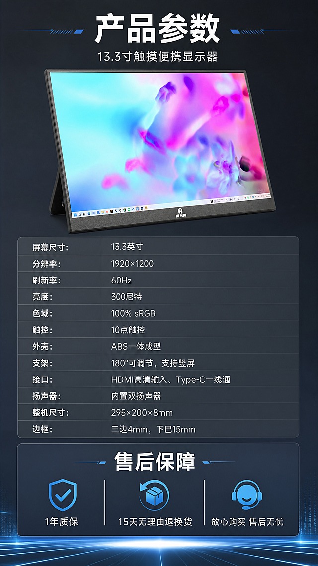 [商品] 使用【图7】正面亮屏小图；商品处理：严格保留显示器原始外形轮廓、边框、Logo、颜色和材质，不改变产品任何外观结构，仅做画质清晰化。
[画面] 目标：产品参数与售后保障收尾页（§15）。构图：竖版9:16，上下结构。上方：显示器小图+产品名称。中部：完整参数表格。下方：售后保障承诺。背景：深灰色科技背景，底部带蓝色光带。
[视觉] 套系策略：风格=简约科技感，色彩干净高级；标题字=现代无衬线粗黑体；正文字=简洁无衬线体；主色=深炭灰+科技蓝；背景延展=深灰到黑渐变，底部蓝色光效；强调色=亮蓝色；标题色=白色；正文色=浅灰色；组件=半透明参数表格、蓝色售后图标、圆角保障卡片；光影=均匀柔光。
[文字] 顶部主标题："产品参数"，副标题："13.3寸触摸便携显示器"。参数表格内容：屏幕尺寸：13.3英寸；分辨率：1920×1200；刷新率：60Hz；亮度：300尼特；色域：100% sRGB；触控：10点触控；外壳：ABS一体成型；支架：180°可调节，支持竖屏；接口：HDMI高清输入、Type-C一线通；扬声器：内置双扬声器；整机尺寸：295×200×8mm；边框：三边4mm，下巴15mm。底部售后保障区："售后保障"，"1年质保 15天无理由退换货"，"放心购买 售后无忧"。文字全部横向排版，参数表清晰易读。
[规格] 图片比例9:16竖版，分辨率4K，quality=medium。负向提示：禁止改变显示器外形轮廓、禁止拉长压扁、禁止花哨繁杂装饰、禁止文字竖排、禁止极限词、禁止拼多多平台Logo水印、禁止虚构参数。