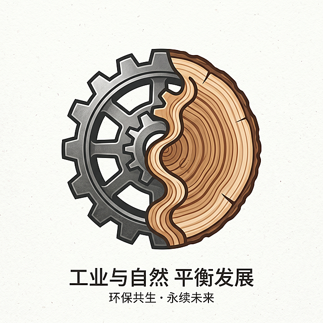 创意图形，将工业齿轮和树木年轮通过共同轮廓嵌套连接，两个图形共享中间部分边界，彼此依存，寓意工业与自然平衡发展，环保主题，设计简约过渡自然