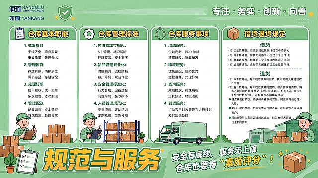 将图片中所有蓝色区域（包括插画人物衣服、卡车、仓库建筑、文字框边框）整体都修改为浅绿色，保持所有文字、黄色元素和排版布局不变