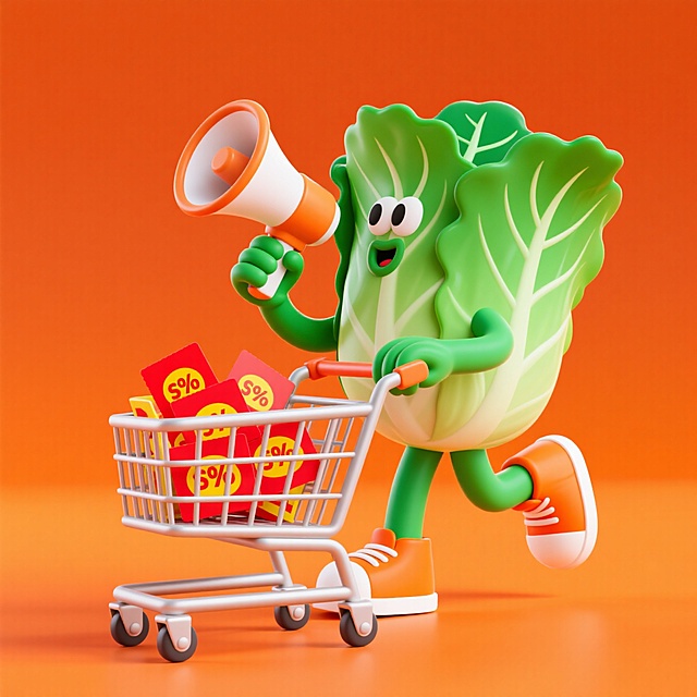 拟人化的白菜拿着喇叭推着装满优惠券和红包的购物车，橙色背景
