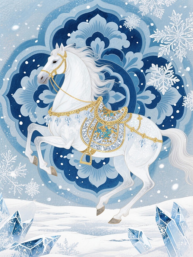主体是一匹饰有冰晶纹华丽鞍具的白玉奔马，背景为蓝白相间的宝相花纹样，周围环绕冰晶与雪花光效，整体呈现清冷高雅的国潮风格。
