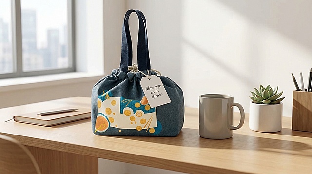 保留图中午餐袋主体特征，添加适合青少年和女性的办公室场景，搭配西班牙语宣传语"Almuerzo en la oficina"，风格简约精致