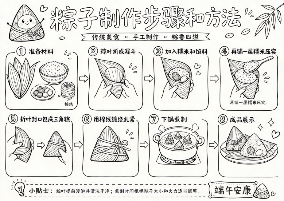 将粽子制作步骤图转为清晰线稿，去掉所有上色，只保留黑色轮廓线条，保留所有步骤文字和布局预览效果