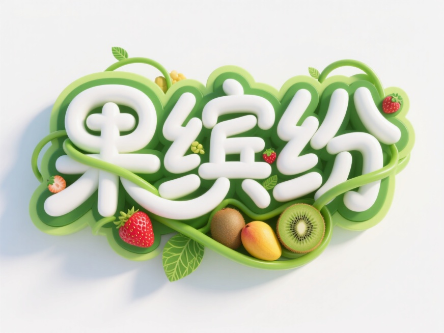字体设计“果缤纷”，多层字体设计，第一层是白色，第二层是绿色。猕猴桃藤蔓字体，水果（草莓、芒果、猕猴桃）缠绕， 叶片花纹字形，字形生动，自由，活泼，简约。白色背景。高饱和色调。预览效果
