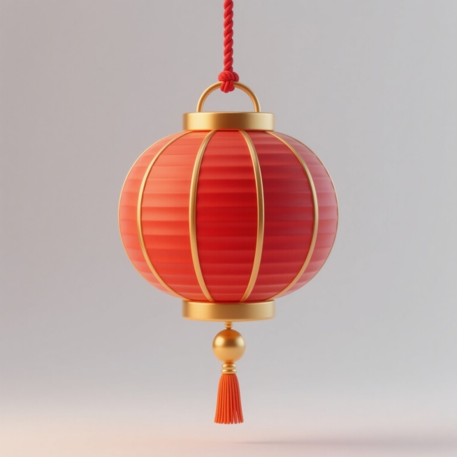 一个软3D风格的红色传统灯笼，灯笼主体呈圆形，表面有金色的纵向条纹装饰，顶部和底部为金色的圆形边框，顶部连接着红色的悬挂绳，底部悬挂着一个金色的球形装饰和橙红色的流苏，整体光影柔和，色彩过渡自然，具有平滑的3D质感和轻微的立体感，背景为纯白色。预览效果
