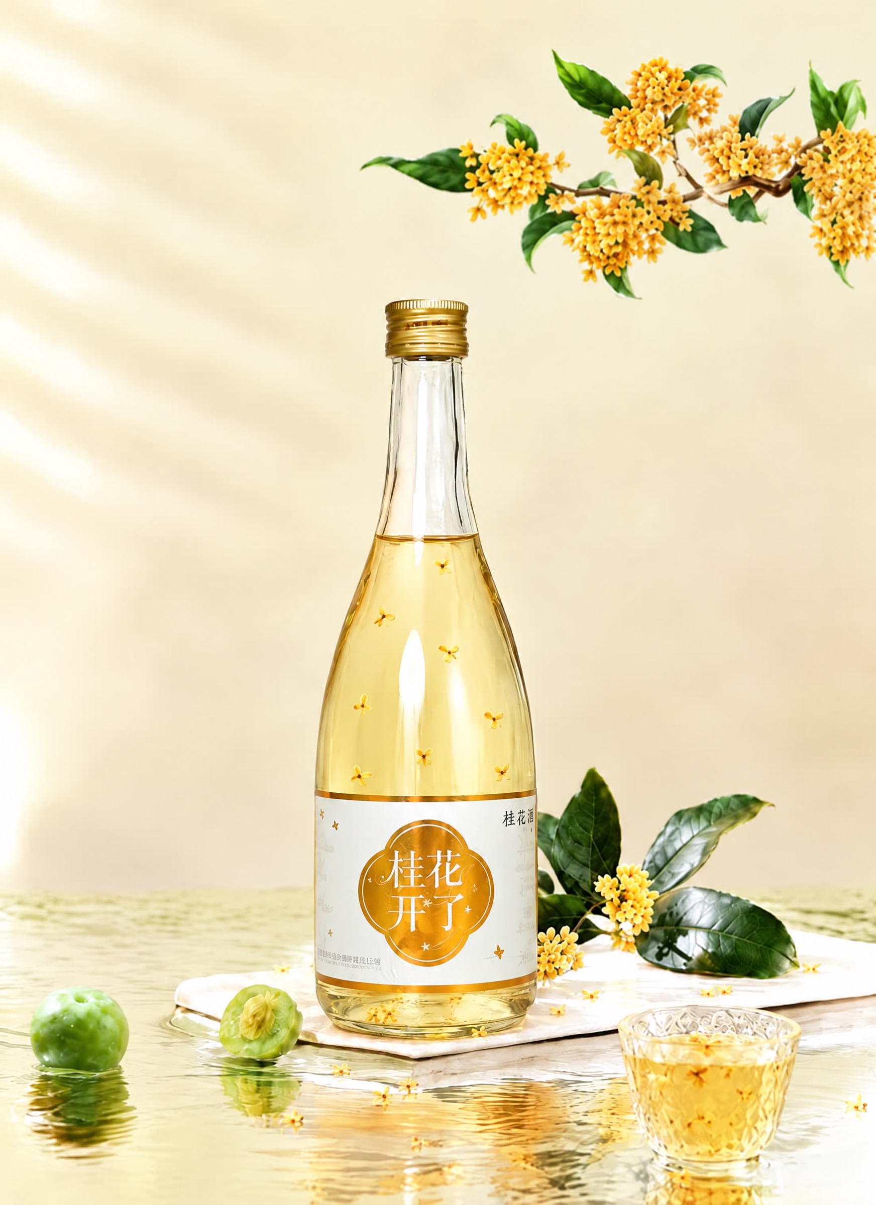 减少瓶子里漂浮的桂花数量，只保留6到7朵桂花花瓣稀疏地漂浮在酒… - 图片创意预览