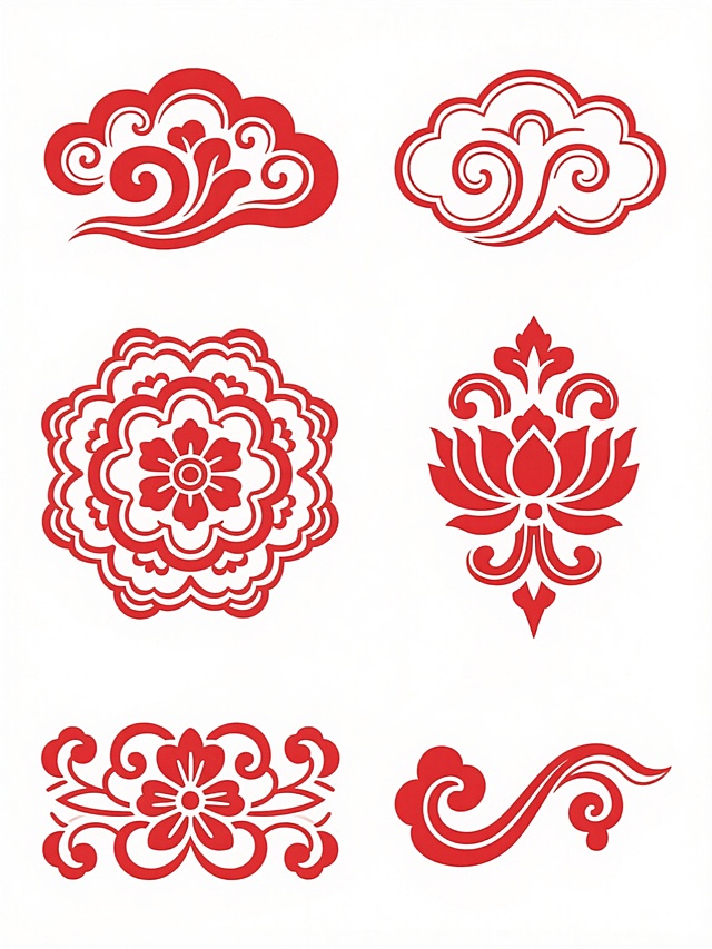 6个不同样式、不同造型的中式传统花纹图案，包括云纹、回纹、缠枝莲纹、如意纹等经典纹样，均以正红色呈现，线条细腻流畅，图案精致繁复，具有浓厚的中国传统装饰风格，所有花纹在纯白色背景上以整齐有序的矩阵式排列，整体构图平衡对称，视觉清晰，适合作为装饰元素或设计素材使用。