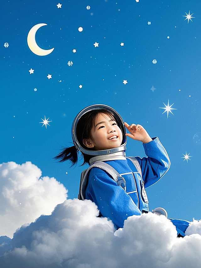 小朋友，女生，宇航员穿搭，蓝天背景