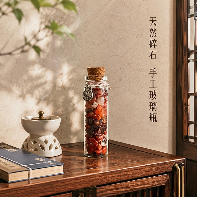 [主图-3] 五行补火瓶中式风格搭配陈列图。保持补火火瓶外观、物理结构、材质质感、颜色与输入产品图绝对一致，杜绝任何变形和色差。将补火瓶放置在新中式玄关胡桃木边柜上，旁边搭配一个白色陶瓷香薰炉和一本精装线装书籍，背景是素雅的宣纸纹墙面。营造中式禅意居家氛围感，体现产品和空间风格适配度，软装点缀丰富，主体产品依然清晰突出。商业摄影质感，光线柔和通透、产品清晰真实、画面干净高级。自然光从侧面入户，主光勾勒产品轮廓，辅助光填充边柜区域，光影层次自然舒适，明暗对比适中。主色调胡桃木浅棕色搭配产品暖红色，和谐沉稳。平视视角，景深适中，产品在视觉中心位置。右侧负空间竖向排列文案“天然碎石 手工玻璃瓶”，深棕色，文字清晰不遮挡主体。1:1比例，文字清晰可辨，超高清商业摄影质感。负向提示词：变形，文字错乱，产品图模糊，背景杂乱，水印，电商平台Logo