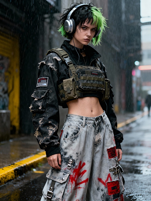 写实摄影，赛博朋克街头风，一位表情冷峻的欧美少女，不饱和绿黑渐变短发凌乱有型，戴着复古银色头戴式耳机。上身是做旧炭黑色机能短外套，露出手臂，表面有磨损纹理和贴布标识，搭配战术胸包和多层口袋，露出纤细腰腹。下身是浅灰色重度做旧阔腿工装裤，裤身带有红色涂鸦、补丁和金属扣具，裤型宽松垂坠。背景为阴雨街头。整体色调以黑、灰、黄为主，硬光塑造明暗对比，突出服装的肌理和人物的酷飒气质，电影海报质感，高清晰度。