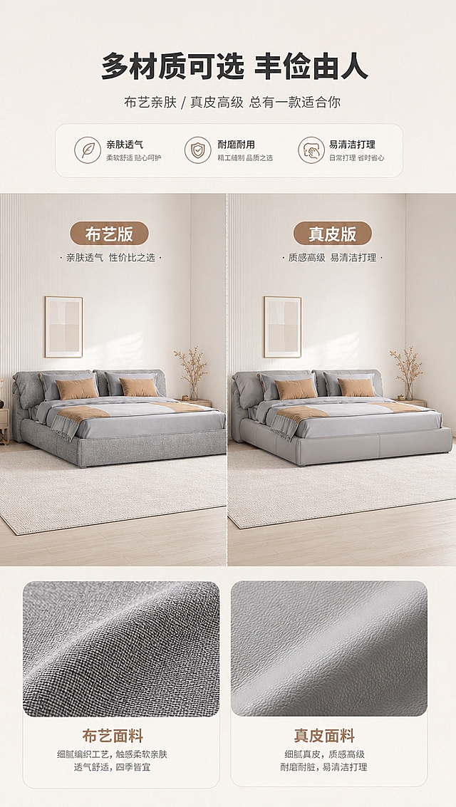 [商品] 使用【图1】灰色软包落地床为基础款；保留床型结构、饱满床头、落地围边与整体比例；左侧为布艺版（保留原图灰色布艺纹理），右侧为真皮版（同床型改为细腻浅灰真皮质感，保留缝线与包边）；两款并排展示，尺寸与结构完全一致，仅面料材质不同。
[画面] 页面目标：材质工艺页，展示布艺/真皮双版本可选。上文下景构图，顶部1/5文案区，下方4/5为双版本并排矩阵，左右各一张床各占45%。中间竖线分隔，上方分别标注「布艺版」「真皮版」。底部面料纹理微距小图对比，左为布艺编织纹理，右为真皮细腻纹理。背景为统一暖白+浅灰墙面，明亮干净。
[视觉] 套系策略：风格=现代轻奢温馨卧室商业摄影；标题字=思源黑体粗体；正文字=思源黑体常规；主色=暖米白；背景延展=基于暖米白做深浅层级、同色渐变与细腻织物/乳胶漆墙面质感；强调色=奶茶棕，仅用于小面积图标、引线和标签；标题色=深炭灰；正文色=中暖灰；组件=圆角浅底信息卡、细线引线、胶囊形卖点框；光影=正前侧暖柔光，均匀明亮。
[文字] 顶部主标题「多材质可选 丰俭由人」，副标题「布艺亲肤 / 真皮高级 总有一款适合你」。下方左右两栏分别标注「布艺版 · 亲肤透气 性价比之选」「真皮版 · 质感高级 易清洁打理」。底部配两个面料微距小图+材质说明。
[规格] 图片比例9:16竖版，4K分辨率，避免变形、错字、文字过小、冷蓝/冷灰背景、床型结构失真、两款尺寸不一致。