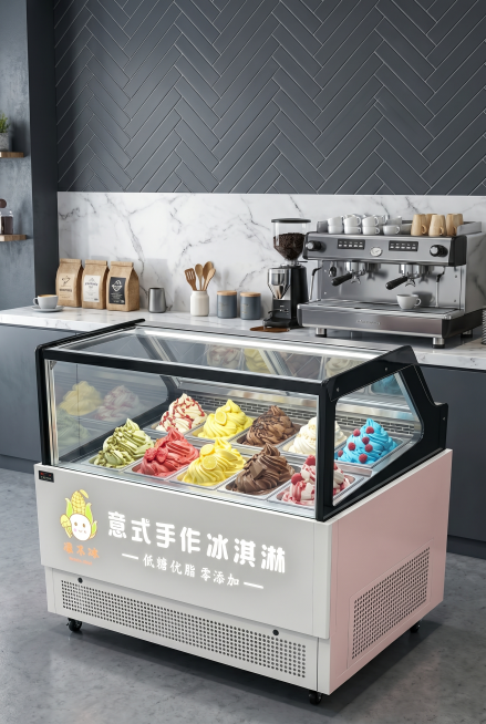 电商详情页主视觉海报，2:3竖版比例，商业产品摄影风格，ins风甜品店场景。背景为深灰仿人字形瓷砖墙面和大理石操作台，搭配咖啡机、咖啡袋等道具。画面主体为这台商用冰淇淋展示柜，严格还原产品外观细节，柜预览效果