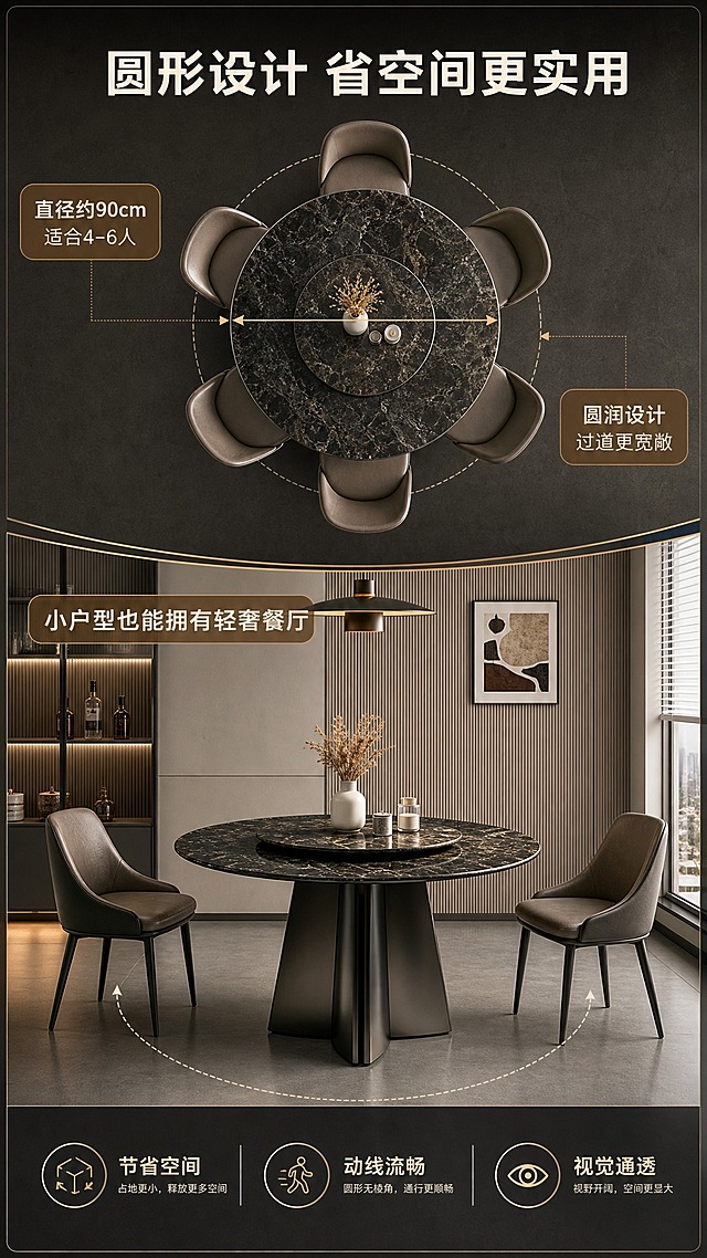 [商品] 使用【图1】意式轻奢微晶石圆形餐桌；保留产品全貌与比例，用于空间尺度示意。
[画面] 目标：空间尺度页，展示圆形餐桌适合中小户型的空间优势。构图：俯视平面示意+场景结合，上方俯视尺寸示意，下方小户型餐厅场景。主体：上方为餐桌俯视平面图，标注直径尺寸与用餐人数示意；下方为小户型餐厅场景，餐桌搭配两把餐椅，展示空间宽裕感。产品占画面约50%，俯视+平视双视角，背景为简约小户型餐厅。
[视觉] 套系策略：风格=意式轻奢高级商业摄影；标题字=现代简约粗黑体；正文字=纤细无衬线体；主色=深灰黑+暖棕；背景延展=基于深灰黑与暖棕做深浅层级、同色渐变和细腻石材/金属质感；强调色=香槟金，仅用于小面积图标、引线和标签；标题色=米白色；正文色=浅暖灰；组件=细线信息卡、金属质感引线、圆角标签；光影=均匀柔光，清晰展示尺寸与空间关系。
[文字] 顶部主标题"圆形设计 省空间更实用"，上方俯视图标注"直径约90cm 适合4-6人""圆润设计 过道更宽敞"；下方场景配文"小户型也能拥有轻奢餐厅"；底部3个空间卖点"节省空间""动线流畅""视觉通透"。文字横排，尺寸标注清晰。
[规格] 图片比例9:16竖版，4K，避免变形、错字、文字过小、冷蓝背景、产品颜色改变、结构失真、出现平台Logo水印。