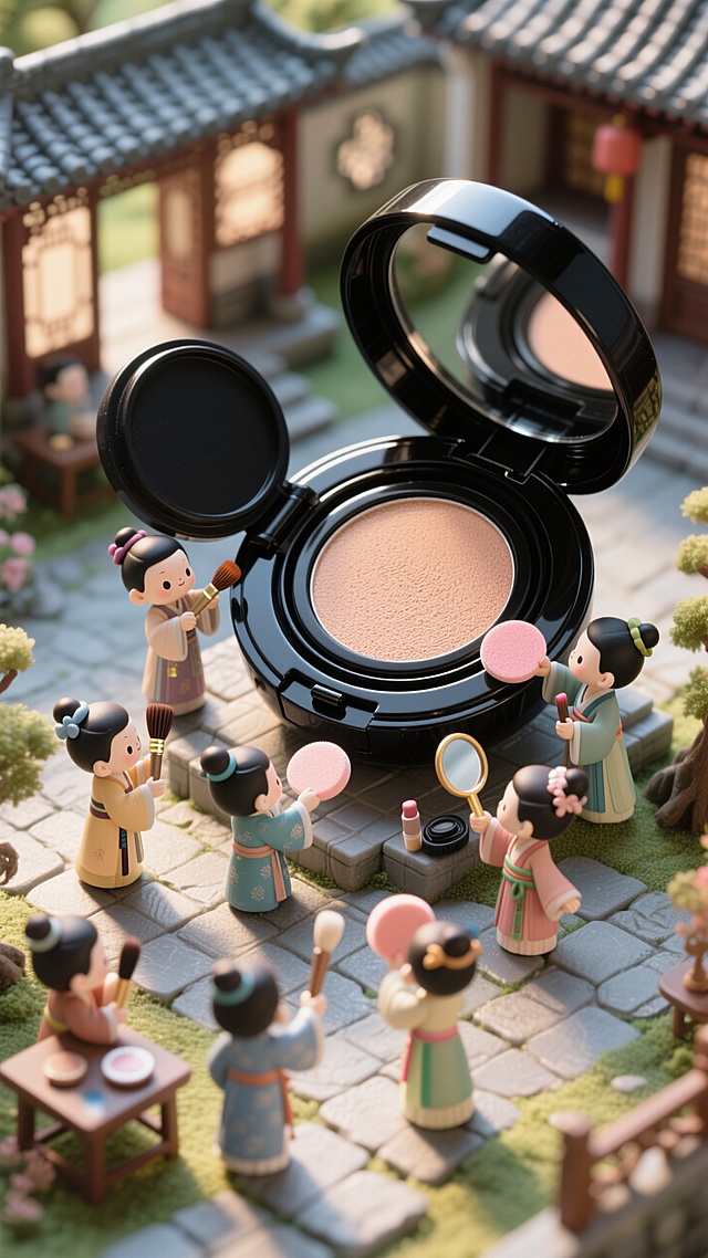 一群古风微缩小人围着一个巨大的黑壳彩妆气垫，有人手里拿着彩妆刷，有人手里拿着粉扑，有人手里拿着镜子；背景是院子；热闹忙碌的景象