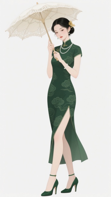 中国风插画风格，一位身着墨绿色祥云图案旗袍的年轻女子，旗袍开衩至大腿，搭配墨绿色高跟鞋，手持一把米白色蕾丝花边油纸伞，乌黑长发挽起并插有金色发饰，颈戴珍珠项链，面容温婉，眼神柔和，整体画面色彩和谐，线条流畅，人物姿态优雅端庄，背景为纯白色，凸显主体人物，具有古典雅致的韵味。预览效果