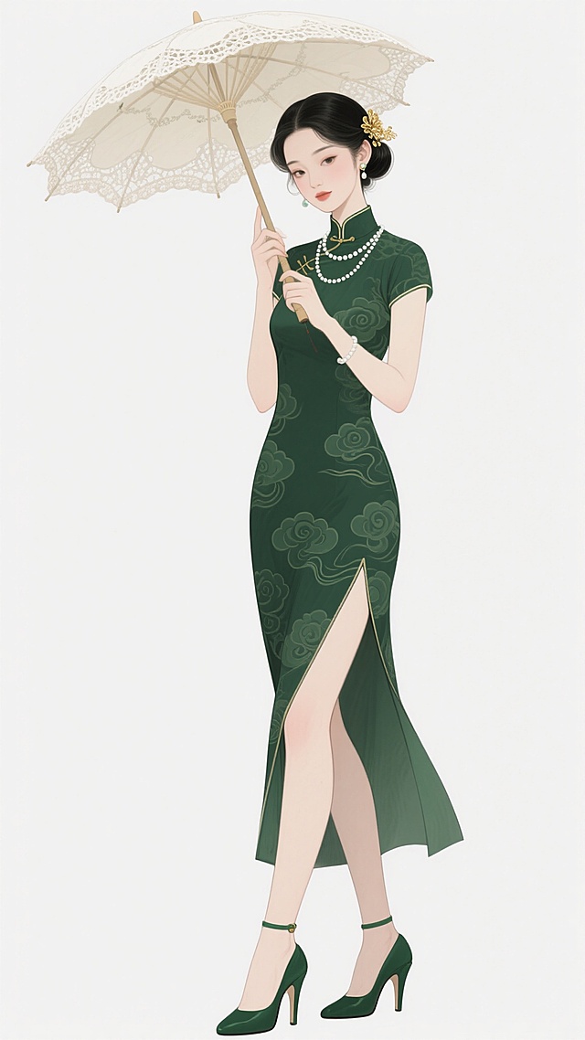 中国风插画风格，一位身着墨绿色祥云图案旗袍的年轻女子，旗袍开衩至大腿，搭配墨绿色高跟鞋，手持一把米白色蕾丝花边油纸伞，乌黑长发挽起并插有金色发饰，颈戴珍珠项链，面容温婉，眼神柔和，整体画面色彩和谐，线条流畅，人物姿态优雅端庄，背景为纯白色，凸显主体人物，具有古典雅致的韵味。