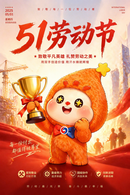 参考提供的橙色毛绒吉祥物形象，设计一张竖版A4国际劳动节海报，整体风格大气专业高品质，保留吉祥物的可爱毛绒质感和标志性设计，营造浓厚的节日氛围预览效果
