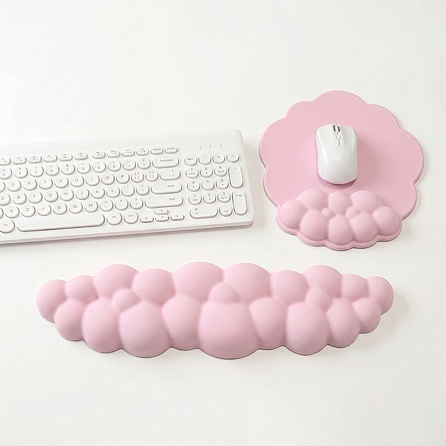 [Main Image 1] Pink Cloud Shaped Silicone Keyboard Wrist Rest and Mouse Pad Set.
[Atmosphere Style] Minimalist, clean, professional e-commerce product presentation.
[Quality] Commercial product photography texture, soft and even lighting, clear product details, high definition, pure white background.
[Elements] Complete product set including long keyboard wrist rest and flower-shaped mouse pad placed centered on pure white background. Keyboard and mouse included to show usage scenario. Product occupies 85% of frame, no extra decorations. Keep product appearance (physical structure, material texture, pink color) 100% consistent with original reference image, no deformation or color distortion.
[Lighting] Soft studio lighting from multiple directions, eliminates harsh shadows, highlights the soft 3D cloud texture of silicone material.
[Color Scheme] Product keeps original soft pink color, pure white background, clean and high contrast.
[Perspective Composition] Eye-level flat angle, centered product, symmetrical composition, full product display without cropping.
[Text Layout] No extra text or marketing information allowed, per跨境平台规范.
[Resolution Ratio] 1:1 square ratio, 2K resolution, ultra HD, sharp details.
[Negative Prompts] deformation, watermark, text, logo, border, extra decorations, cluttered background, color distortion.