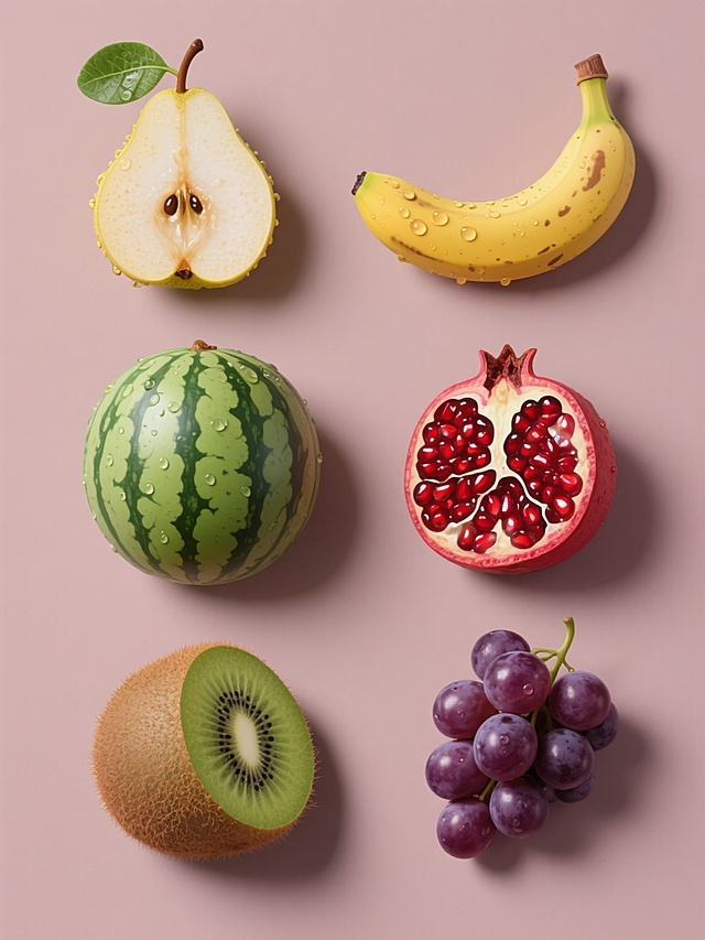 六个规整排布的水果造型图案，每个图案均为单一水果，包含梨子、香蕉、西瓜、石榴、猕猴桃、葡萄。采用超写实主义风格，水果表面纹理细节丰富，如梨子的黄色表皮带有细小斑点和水珠，果肉呈现半透明质感，带有一片绿色叶子和棕色果柄；香蕉为黄色带褐色斑点的弯曲形态；西瓜为绿色条纹红瓤黑籽剖面；石榴为红色果皮开裂露出红色籽粒；猕猴桃为棕色带毛表皮和绿色带黑色籽粒的剖面；葡萄为紫色成串果实。所有水果均具有强烈的光泽感和立体感，光影效果细腻，高光和阴影过渡自然，水珠晶莹剔透。纯色背景，整体构图平衡，视觉层级清晰，信息传达高效，具有现代设计感。