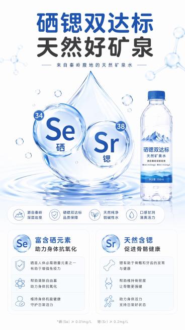 [第3屏] 成分卖点专屏-富含硒锶双达标优势展示。
[氛围/风格] 专业健康风，干净简洁，科学感与通透质感，突出天然矿物质优势。
[元素布局] 中心放大展示Se和Sr元素符号，占屏约35%，搭配水滴图预览效果