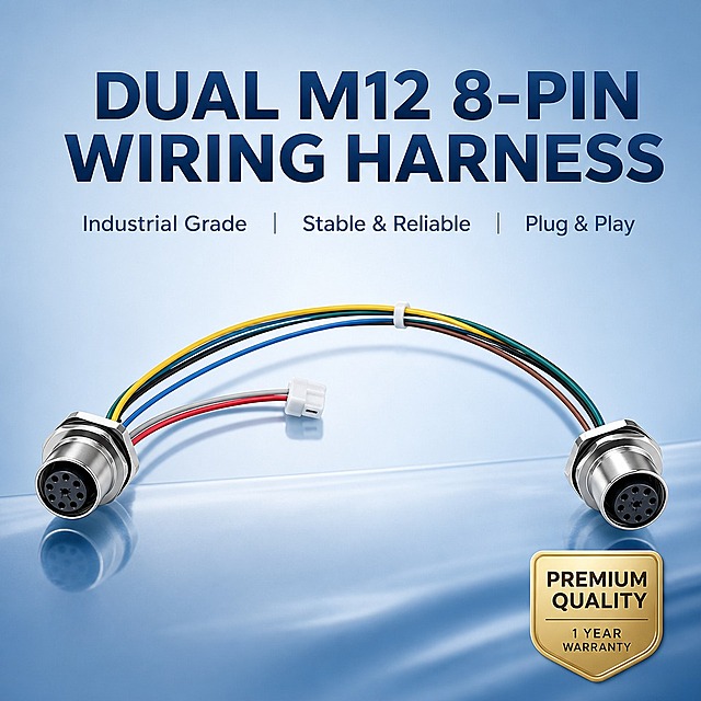 Cross-border e-commerce main image for industrial wiring harness product, 1:1 square ratio, clean premium tech style similar to the reference earbuds poster, light blue gradient background with subtle reflective surface at bottom, product prominently displayed in center. The product is a dual M12 8-pin panel mount metal aviation female connector integrated wiring harness with multi-color branch wires and 2Pin JST terminal. All text on the image is in English. Top area shows bold main headline, below it smaller feature subheadline. Bottom right corner has a golden badge-style label. Professional commercial product photography, soft studio lighting, glossy metal texture on connectors, clean and high-end industrial aesthetic, suitable for Amazon/e-commerce platform main image.
