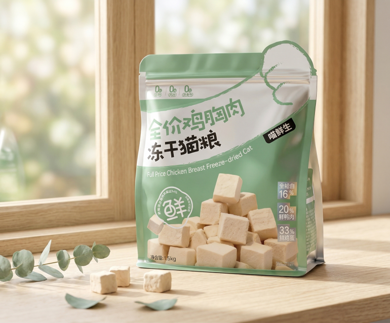 将原包装品牌名替换为"喵鲜生"，保持猫粮包装袋主体物理结构不变，保持文字和Logo不变形，使用北欧自然风场景，明亮的通透柔光，低对比度，鼠尾草绿和浅木色调，放置在阳光窗边的木质桌面上，旁边搭配少量尤加预览效果