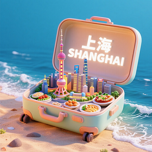 俯视图，一个打开的行李箱，行李箱内侧盖子写着“上海SHANGHAI“，行李箱体里是东方明珠夜景、陆家嘴、美食组成的3d微缩景观，行李箱被放在海滩上