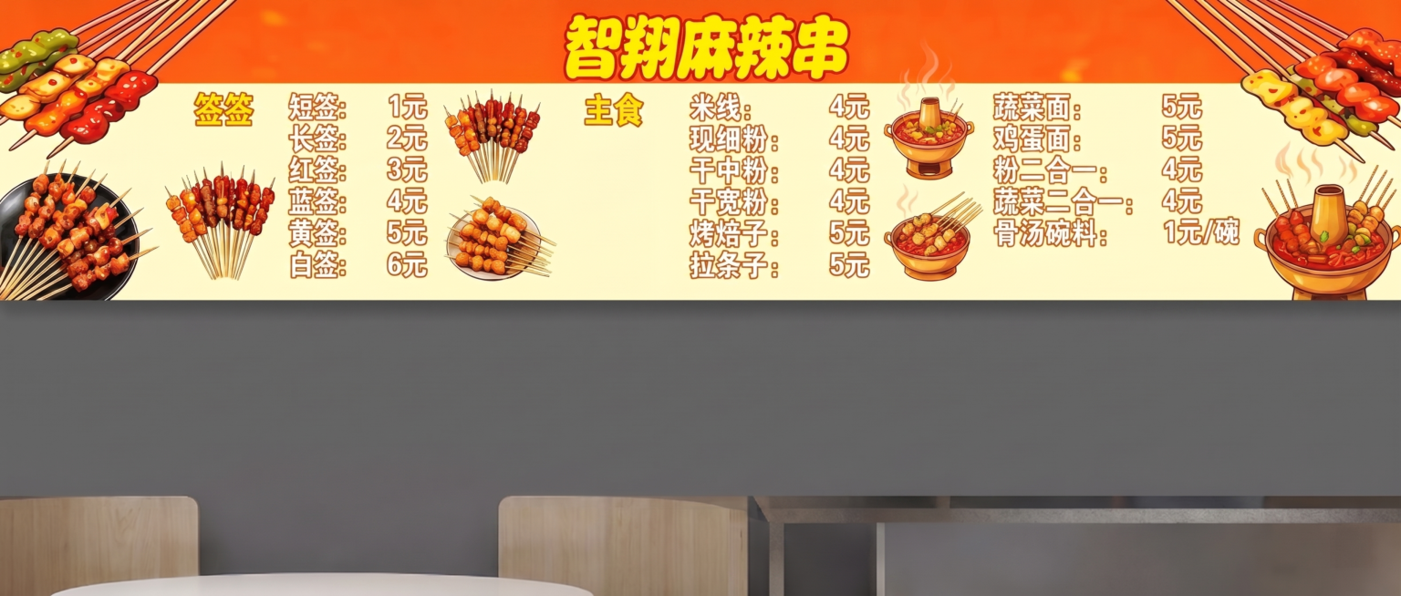 修正菜单中的所有错别字，按照提供的正确文案修改文字内容：标题“智翔麻辣串”不变，签签部分改为：短签：1元，长签：2元，红签：3元，蓝签：4元，黄签：5元，白签：6元，主食部分改为：米线：4元，现细粉：预览效果