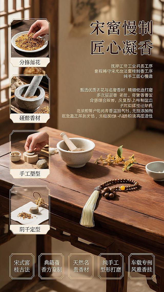 [主图-7] 木樨桂香古法车载香挂古法工艺手作温度图
[氛围风格] 宋窨慢制 匠心凝香 手工温度 古朴雅致
[画质] 商业摄影质感 光线柔和通透 产品清晰真实 画面干净高级 超高清细节
[元素] 古法车载香挂成品置于画面右侧木质案几上，保持产品外观与输入产品图一致。左侧展示制香工序的四个关键步骤小型画面：分拣桂花、研磨香材、手工塑形、阴干定型，呈纵向排列。案几上摆放研钵、香粉、模具、干桂花枝等制香工具和材料。背景为古朴的宋式制香工坊，虚化处理。右侧和下方留有负空间。商品主体占比约30%，工序展示占左侧。
[光影] 暖黄色侧光从左侧照射，在制香工具和香挂上形成温润高光，阴影柔和有层次，整体营造出手工匠人慢制香的温暖古朴氛围。
[配色] 主色调暖木棕色 辅色桂花金 米白 深棕
[视角构图] 45度俯视视角，案几为载体，左工序右成品，构图均衡，前中后景分层，背景虚化突出主体。
[文字版式] 右侧上方板块标题"宋窨慢制 匠心凝香"为大号深棕色粗宋体，右对齐。正文文案分三段排列于标题下方右对齐：摒弃工业流水线冰冷量产 全程恪守宋代古法窨桂制香工序 纯手工匠心慢造。甄选优质干桂花与名贵香材 精细分拣打磨 多次分层窨香 静置醒香 反复糅合压实 手工塑形修边 自然阴干定型。全程无高温烘烤 无机器高压压制 无化学添加剂 最大程度锁住桂花恬淡气韵与诸香温润活性。底部产品特质横向排列五个标签：宋式窨桂古法 典籍香方复刻 天然名贵香材 纯手工塑形打磨 车载专属风雅香挂，每个标签为金色细线边框配深棕色文字。文字清晰可辨，不遮挡产品主体。
[输出要求] 9:16比例，文字清晰锐利，画面超高清商业摄影质感
[负向提示词] 变形 文字错乱 产品图模糊 背景杂乱 水印 电商平台Logo 多余的手 畸形手 人物面部扭曲