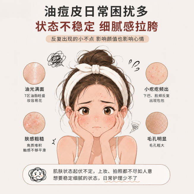 按照以下要求修改图片：1. 将右下角“毛孔明显”模块下方的“毛孔粗大 肤色不均匀”删除“肤色不均”，保留“毛孔粗大”；2. 将右上角“小疙瘩频出”模块下方的“下巴、脸颊反复出现小颗粒”改成“下巴、脸颊预览效果