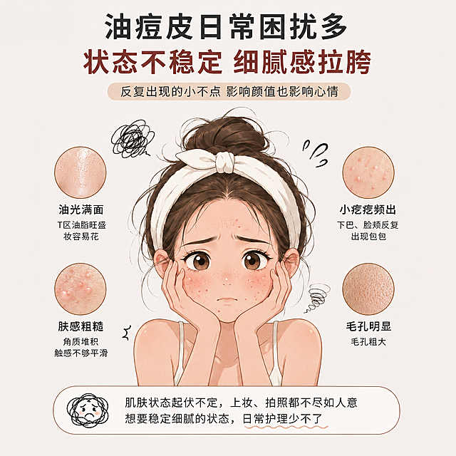 按照以下要求修改图片：1. 将右下角“毛孔明显”模块下方的“毛孔粗大 肤色不均匀”删除“肤色不均”，保留“毛孔粗大”；2. 将右上角“小疙瘩频出”模块下方的“下巴、脸颊反复出现小颗粒”改成“下巴、脸颊反复出现包包”；3. 将顶部标题“油皮日常困扰多”改成“油痘皮日常困扰多”；其他内容、风格、构图全部保持不变