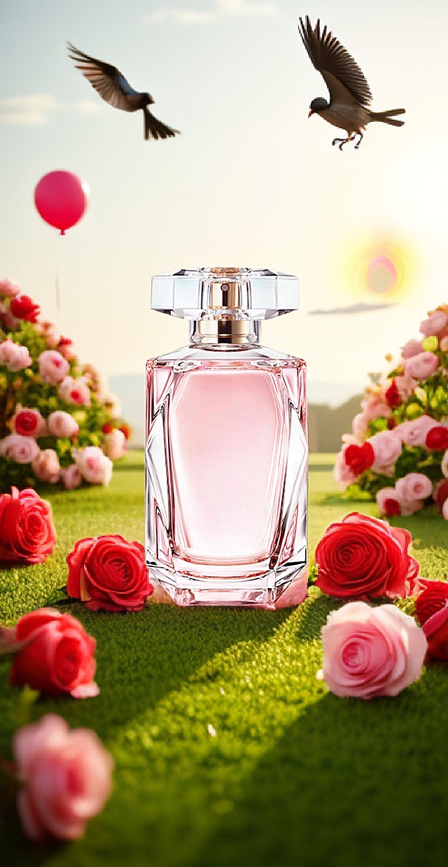 梦幻玻璃瓶香水，轻拟物风设计，玫瑰环绕，鸟儿飞翔，清新浪漫超现实主义场景。
