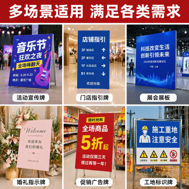 [主图-4] KT板定制适用场景展示。
[氛围风格] 多元应用实景展示风格；
[画质] 商业设计质感、清晰真实、画面干净高级，文字清晰可辨。
[元素] 六宫格排布展示不同应用场景：活动宣传牌、门店指引预览效果