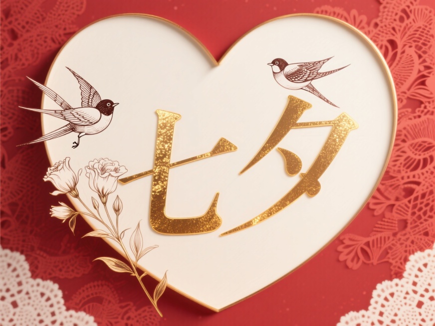 核心元素：烫金爱心、复古喜鹊（线描手绘）、洋桔梗、蕾丝花纹
氛围关键词：复古七夕氛围、优雅浪漫感、精致值拉满
设计方向：衬线手写字体（类似钢笔书法），文字局部烫金 / 鎏金处理，搭配酒红、米白配色，背预览效果