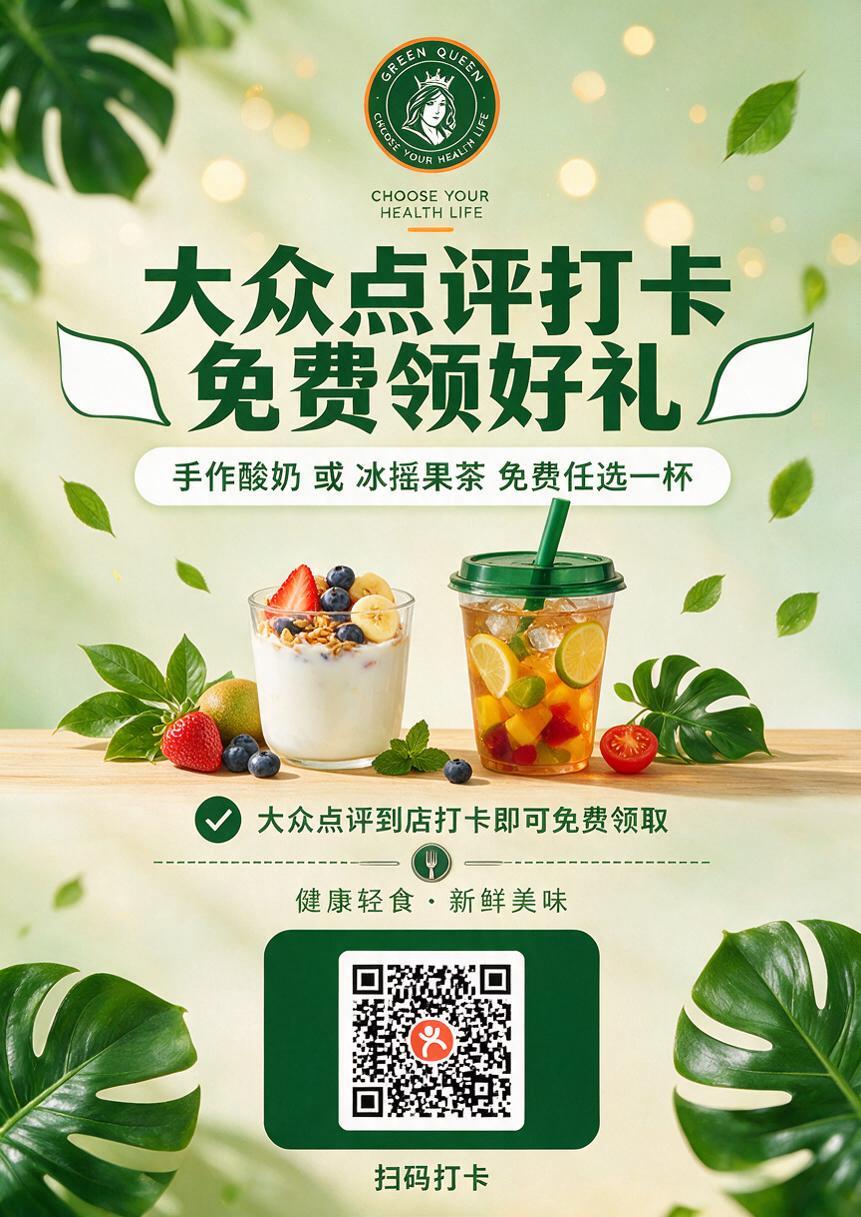 绿皇后轻食打卡活动海报，竖版2:3比例，清新绿色系风格。画面顶… - 图片创意预览