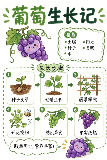 参照参考图的排版风格，制作葡萄生长过程记录手抄报，标题为“葡萄生长记”，马克笔手绘风格，分为准备和生长步骤几个板块，整体清晰可爱，绿色清新配色，尺寸210*297mm预览效果