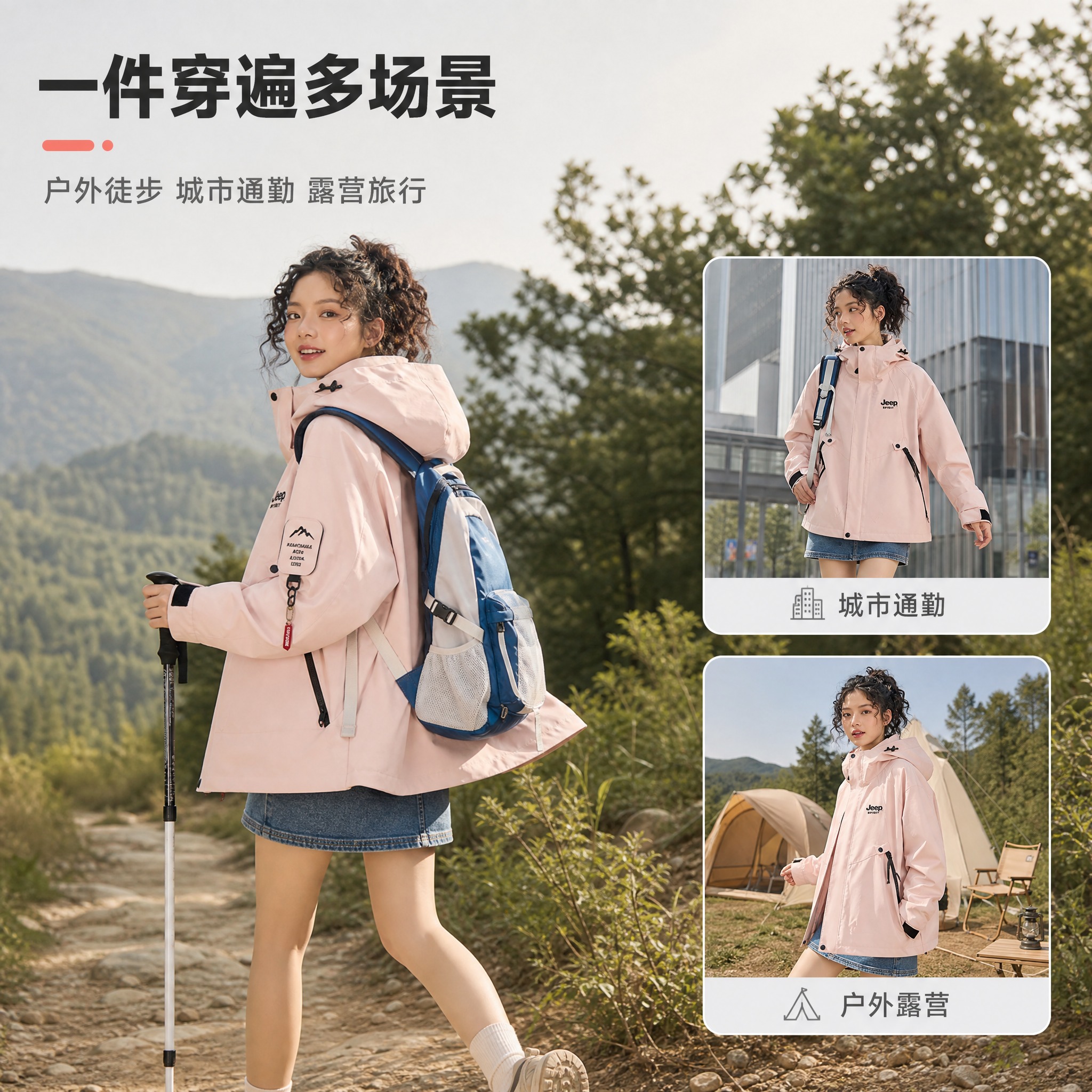 [主图-3] 场景延展图，主题为多场景穿搭展示，户外徒步与城市… - 图片创意预览