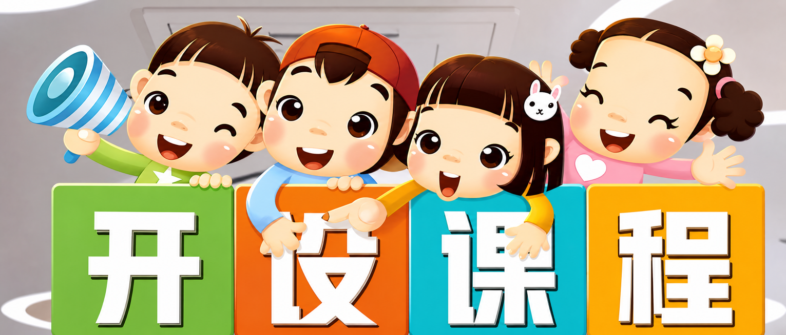 参考原图风格，重新生成四个可爱卡通儿童举着彩块牌子，上面写文字“开设课程”，保留原图的布局和配色，优化画面清晰度，保持整体欢快活泼的卡通风格预览效果