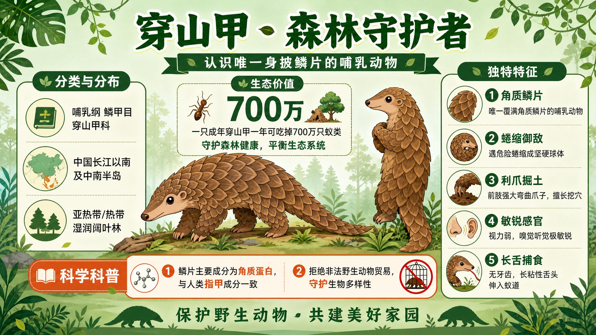 穿山甲科普信息图，扁平插画风格，自然清新绿色系，PPT横版16… - 图片创意预览
