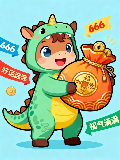 在明亮且色彩丰富的扁平插画风格画面中，一只萌态十足的马穿着恐龙连体衣，连体衣以鲜明活泼的色调为主，如嫩绿色的恐龙外皮搭配黄色的肚子。萌马怀中紧紧抱着一个巨型福袋，福袋色彩绚丽，上面绘制着传统的如意、铜预览效果