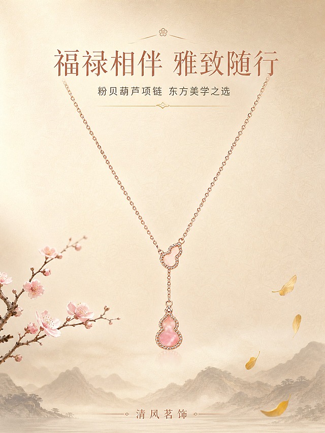 [商品] 使用【图1】粉贝葫芦项链；保留玫瑰金细链、粉贝葫芦吊坠、葫芦造型轮廓、粉贝温润质感、玫瑰金电镀色泽、链条粗细比例；精修金属边缘顺滑，粉贝表面通透干净，去除灰尘划痕，不改变产品结构与颜色。
[画面] 页面目标：氛围头图，营造国风雅致福禄意境。构图：居中对称式，项链主体悬浮于画面中央偏上，葫芦吊坠垂落自然，背景为浅香槟金渐变，左下角一枝淡粉色梅花枝桠斜伸，右下角几片银杏叶飘落，底部一层淡淡的水墨山影虚化，营造东方雅致意境。主体占画面45%，景别中景，阅读动线从上至下，前景点缀花枝、中景项链主体、后景山影虚化。
[视觉] 套系策略：风格=国风雅致高级珠宝商业摄影；标题字=纤细优雅宋体衬线体；正文字=简洁细黑体；主色=香槟金；背景延展=基于香槟金做深浅渐变、同色系晕染、宣纸纹理质感；强调色=柔粉色，仅用于小面积花枝点缀、引线和标签；标题色=深玫瑰金；正文色=暖棕灰；组件=极细玫瑰金线分隔、圆角浅金信息卡、水墨元素点缀；光影=左上柔光+右侧轮廓光，金属表面有柔和高光条，粉贝透出温润虹彩。
[文字] 画面上方主标题「福禄相伴 雅致随行」深玫瑰金大号宋体，副标题「粉贝葫芦项链 东方美学之选」暖棕灰中号细黑体，底部一行小号品牌名「清风茗饰」玫瑰金宋体；文字居中排版，不遮挡吊坠主体。
[规格] 图片比例3:4竖版，4K，避免变形、错字、文字过小、冷蓝灰背景、产品颜色改变、金属塑料感、杂乱元素。