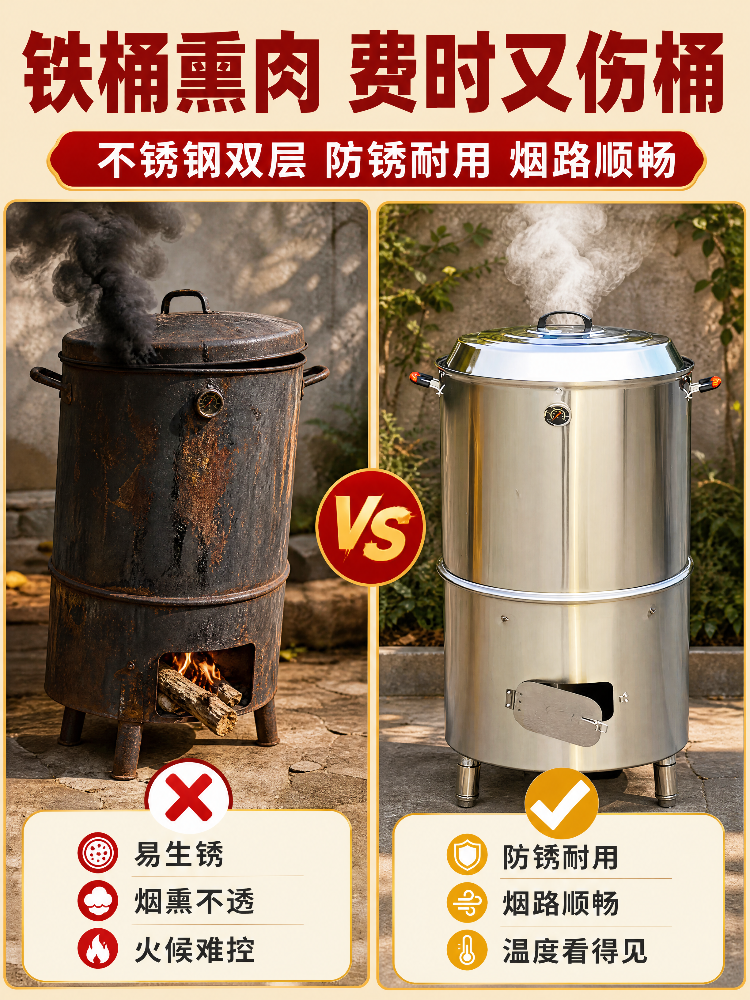 [商品] 使用图1不锈钢双层柴炭熏肉炉整机，保留双层结构、温度… - 图片创意预览
