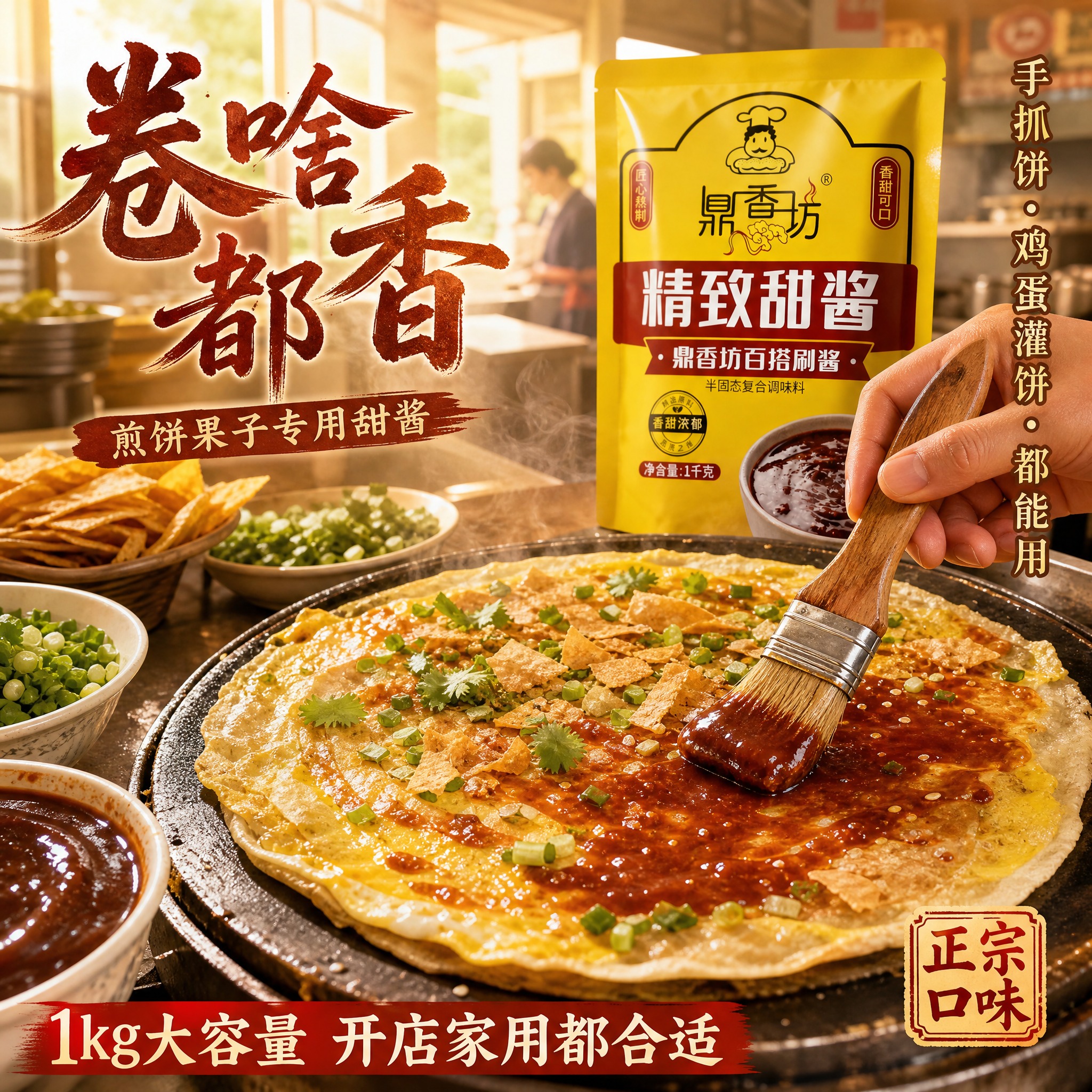 [主图-15] 煎饼果子制作场景主图，鼎香坊甜酱，早餐烟火气。… - 图片创意预览