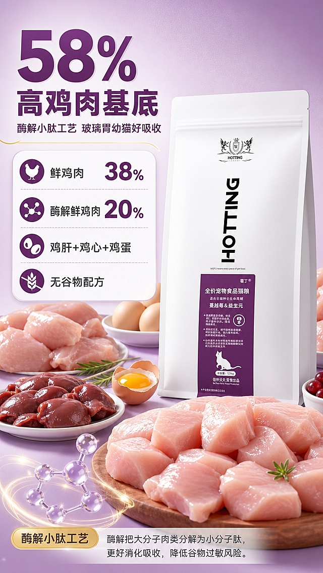 [商品] 使用【图1】霍丁蔓越莓&益生元全价猫粮白色自立袋包装；保留袋身紫色标签、品牌标识、产品名称、净含量等所有包装文字与图案；商品处理：去除袋身褶皱，理顺袋型，增强包装质感，不改变包装结构和文字。
[画面] 目标：成分原料专张，突出58%高鸡肉基底+酶解小肽工艺。构图：左文右图，左侧大标题+成分数据，右侧产品占画面40%，周围环绕鲜鸡肉块、鸡肝、鸡心、鸡蛋等原料实拍，底部有酶解小肽分子结构示意图。原料元素占画面50%以上，大尺度呈现。前中后景：前景鸡肉块特写、中景产品+原料平铺、后景浅紫渐变背景。
[视觉] 套系策略：风格=拼多多宠物食品详情页，温馨治愈+高信息密度；标题字=粗黑体大字报风格；正文字=简洁黑体；主色=深紫色(#6B2D7B)+白色；背景延展=基于紫色做深浅渐变、同色系光晕和细腻磨砂质感；强调色=暖金色，仅用于小面积图标、引线、标签和高光；标题色=深紫色；正文色=深灰色；组件=圆角白底信息卡、细线引线、胶囊形卖点标签；光影=前侧暖柔光，产品正面清晰受光。
[文字] 左上主标题「58%高鸡肉基底」，副标题「酶解小肽工艺 玻璃胃幼猫好吸收」；左侧信息卡列4点：「鲜鸡肉38%」「酶解鲜鸡肉20%」「鸡肝+鸡心+鸡蛋」「无谷物配方」；底部小字说明：酶解把大分子肉类分解为小分子肽，更好消化吸收，降低谷物过敏风险；所有文字横排，数据数字放大突出。
[规格] 图片比例9:16竖版，4K分辨率，负向提示：避免变形、错字、文字过小、原料不真实、包装文字错乱、医疗化功效承诺、绝对化用语。